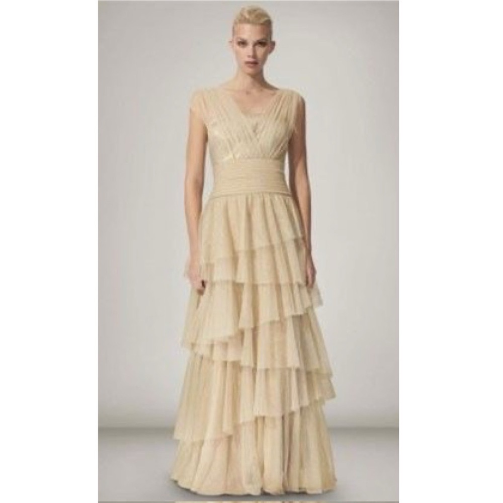 Tadashi Shoji Gold Tiered Gown Petite 6P Sequin V-Neck Tulle Formal Dress Hoco - Picture 12 of 12